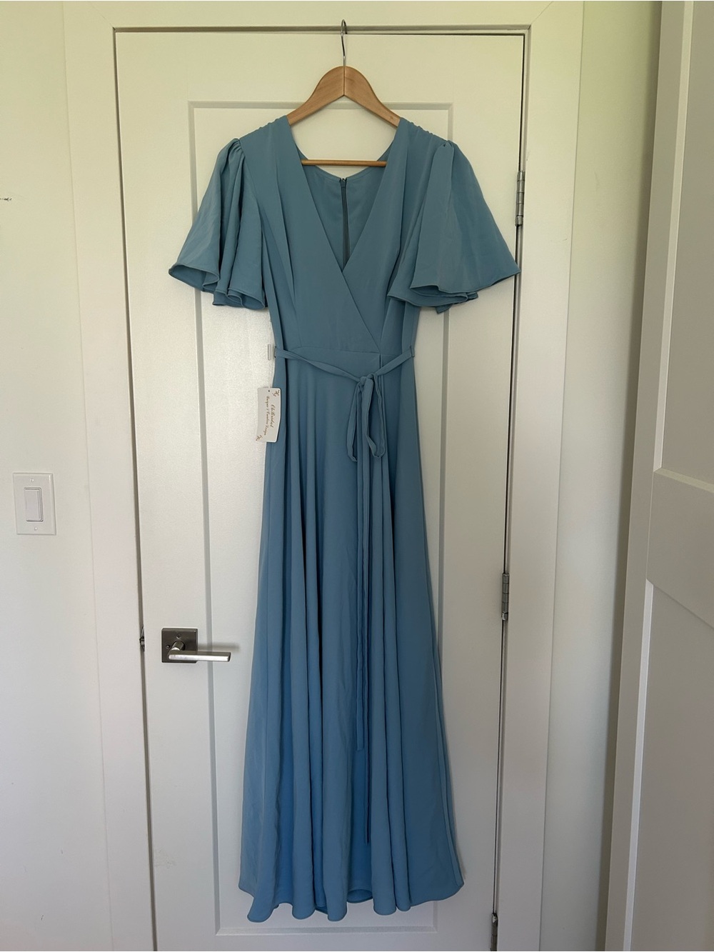 Dusty Blue V-Neck Faux-Wrap Maxi Dress with Tie Waist